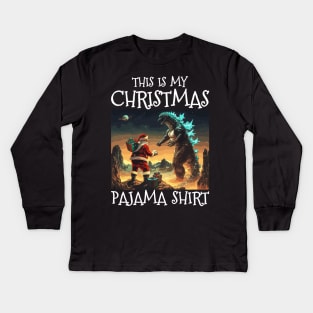 This Is My Christmas Pajama Shirt, Xmas, Christmas Godzilla Kids Long Sleeve T-Shirt